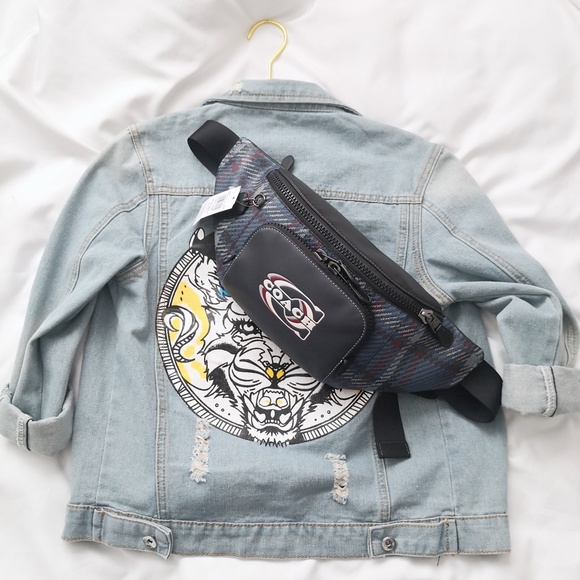 New Coach Track Belt Bag With Plaid Print And Coach Stamp Midnight CH109 $378 - Picture 2 of 4